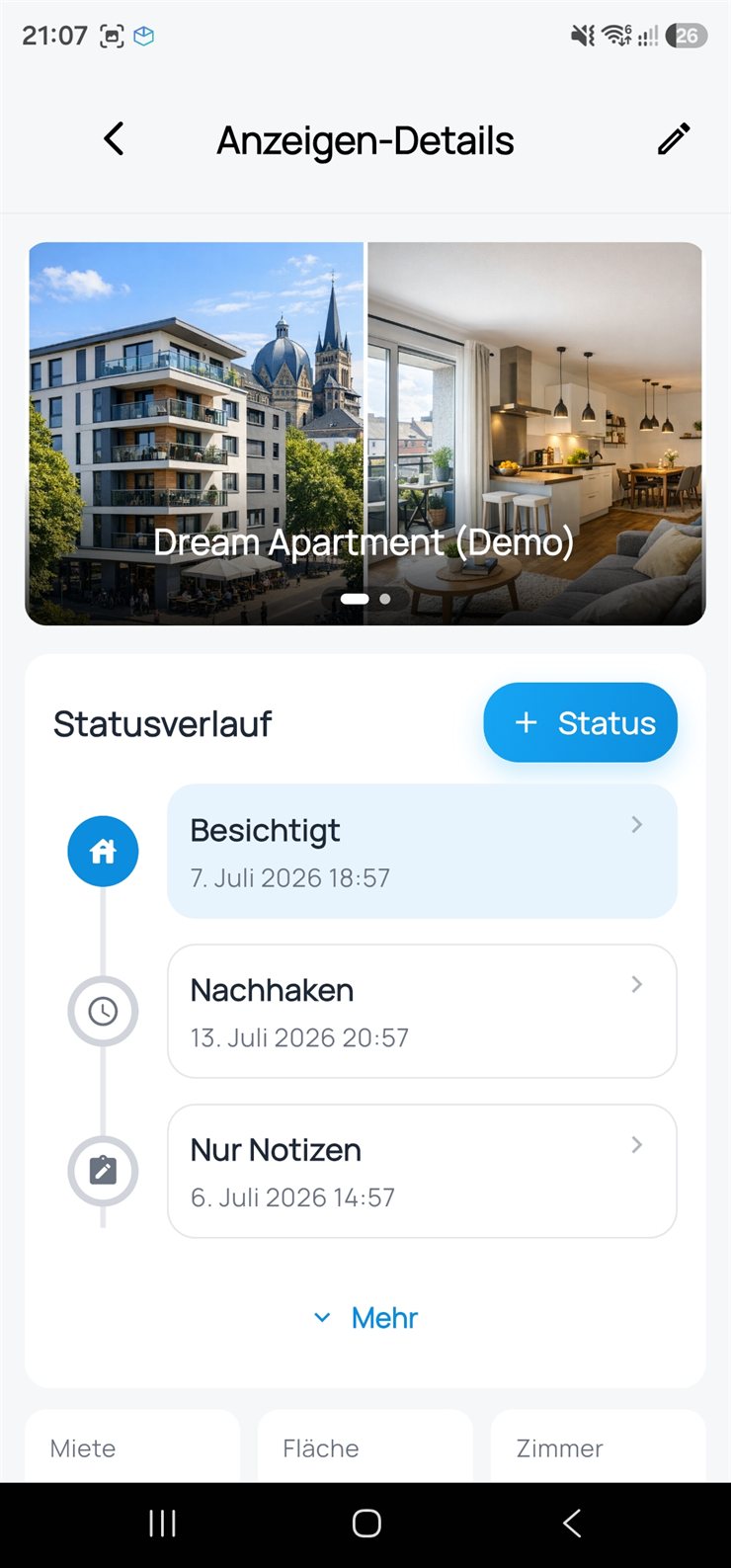 Flatlyst App – Anzeigen-Details mit Statusverlauf